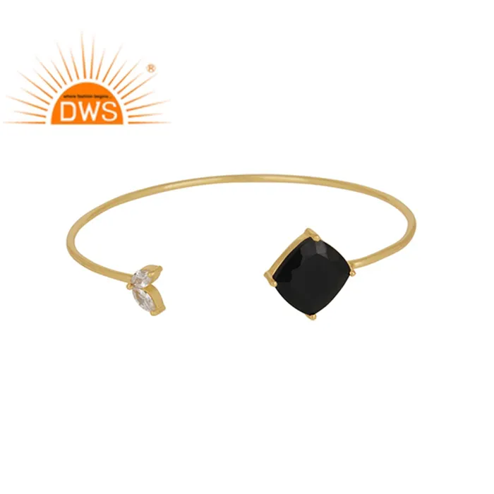 Modern Black Onyx Cz Gemstone Bracelet Gold Plated Jewelry Handmade 925 Silver Cuff Bracelet Wholesale
