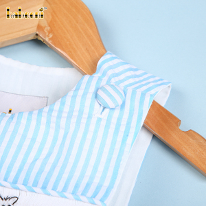 Combinaisons smockées pour bébés garçons 100% coton, rayures aqua moyennes, tissu seersucker, fermeture boutonnée, été, OEM ODM, vente en gros - Product Image 4