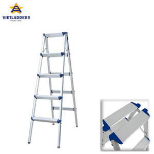 Double Sided 5 <b>Step</b> Aluminum Folding Ladders 150kg Load Capacity Lightweight Modern White-Blue Color Industrial Household Use - Product Image 2