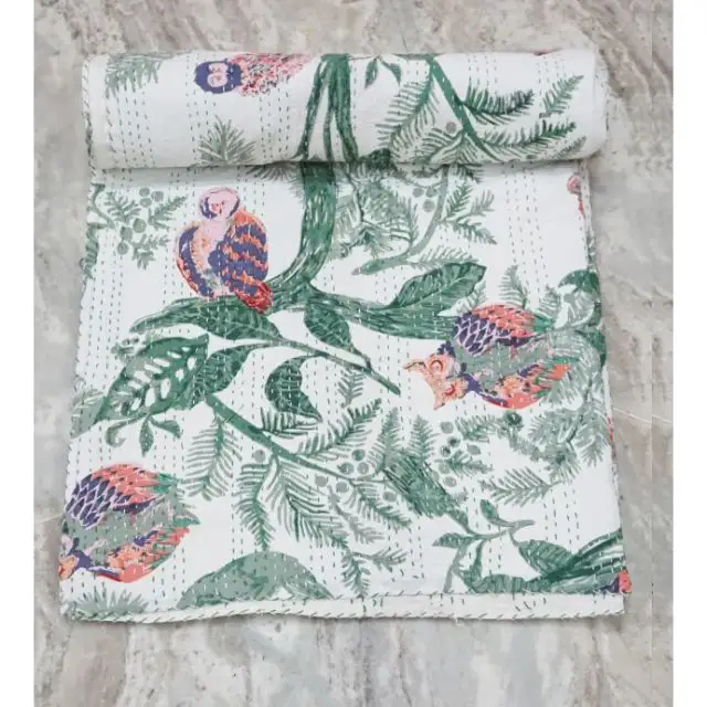 Bird Printed Indian Cotton Kantha Blanket Home Decorative Bedspread Bed Cover Boho Bedding Throw Blanket Gudri Gypsy Throw