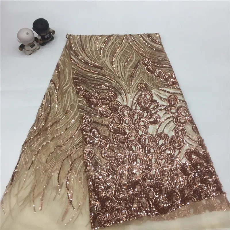 Tecido africano clássico de renda dourada tecido bordado de lantejoulas para vestido de noite estiramento