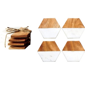 Posavasos de mármol blanco con madera de acacia para sus bebidas Bebidas Bar vasos Posavasos de mármol y madera a la venta - Product Image 4