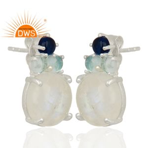 Argent Sterling fin naturel arc-en-ciel lune pierre et topaze bleue pierres précieuses boucle d'oreille pour les femmes bijoux pour les femmes cadeau pour elle - Product Image 2