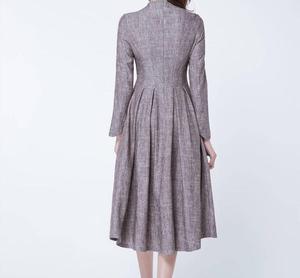 Mode femmes tendance couleur grise col rond longueur de plancher formelle solide à manches longues femmes robe en lin - Product Image 3