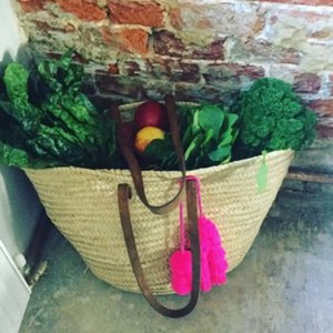 Modern Minimalist French Market Basket <b>Bag</b> With <b>Long</b> Leather Handles - Product Image 1