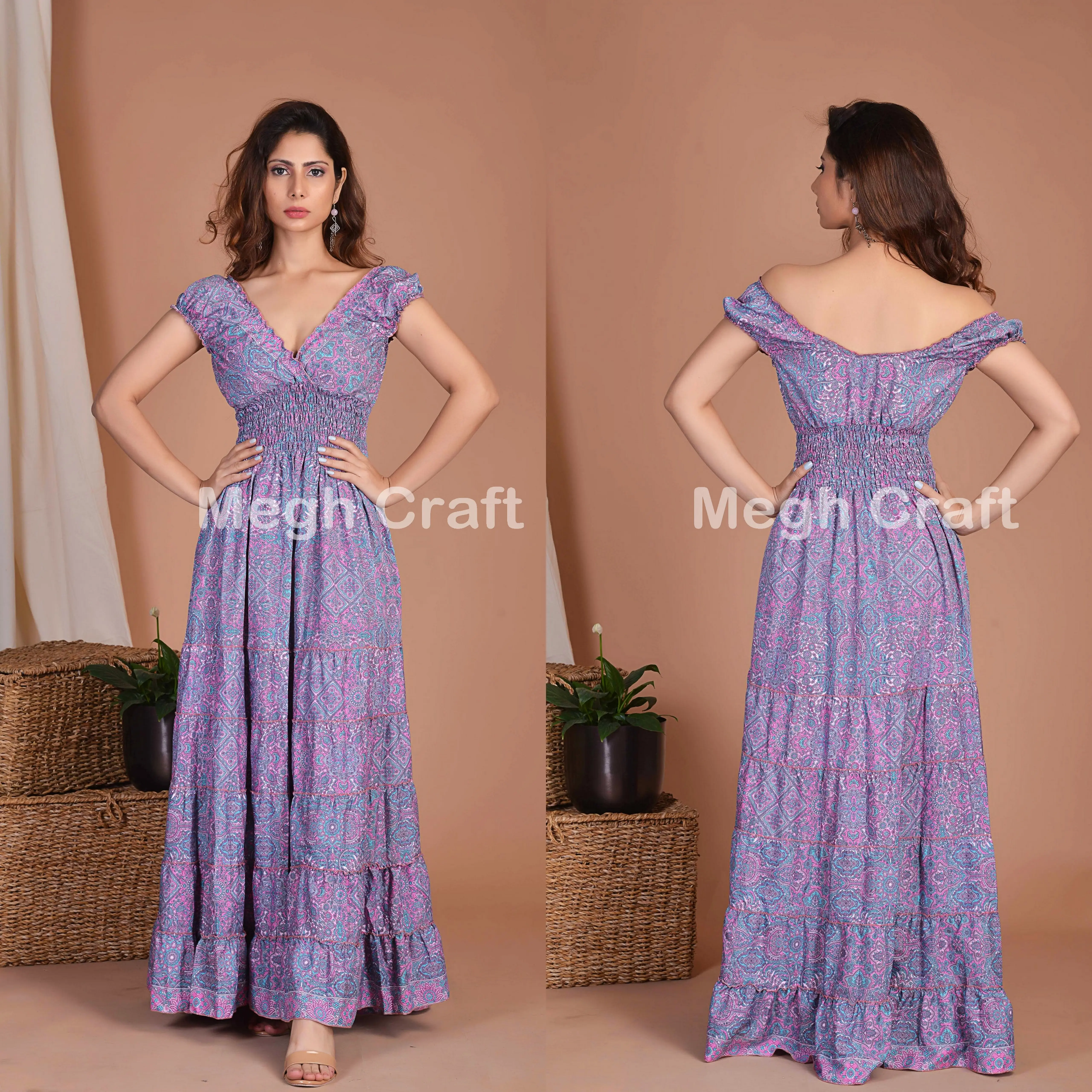 Thời Trang Nữ Boho Mùa Hè Tây Ban Nha 2020 ĐẦM LỤA Sari Ấn Độ-Váy Maxi LụA Bán Buôn