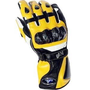 Gants de course en cuir Keven à doigts entiers, jaune, noir, blanc, avec sangle de poignet réglable pour la conduite - Product Image 1