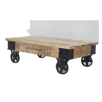 Table basse élégante de style industriel vintage en bois de manguier massif avec roues en fonte, meubles pour salon, maison, hôtel, restaurant
