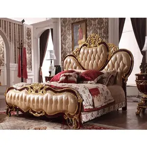 Antiek Poets Koninklijk Tweepersoonsbed Ontwerp Glanzend Teakhout Queenstijl Bed Hot Selling Luxe Barok Slaapkamermeubilair