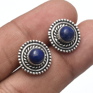 Pendientes de tuerca de piedras preciosas de lapislázuli de alto grado Natural de forma redonda, Plata de Ley 925, joyería de aniversario hecha a mano para mujer - Product Image 2