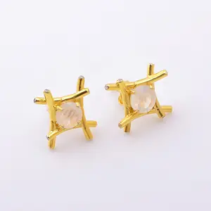 Hot Selling Natural Rainbow Moonstone Gemstone Silver Jewelry 925 Sterling 18K Gold Vermeil Women Fashion Stud Earring SKER 188