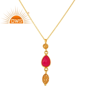 Handmade Pendant <b>Necklace</b> Wholesale 18k Gold Plated Silver <b>Necklace</b> Colorful <b>Pink</b> Chalcedony Silver <b>Necklace</b> Jewelry - Product Image 1