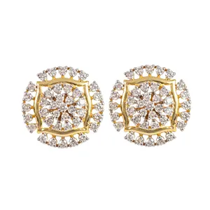 Pure 14k Yellow Gold Round Flower Shape Ear Studs Earrings Natural Pave Diamond Designer Fine Jewelry Manufacturer