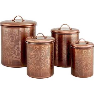 Copper Canisters Jar Set of 4 with Etched Floral Pattern Food Safe Steel by KSN - Product Image 1