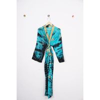 Robe Kimono Maxi 100% Soie Tie-Dye Faite Main en Inde pour Femme, Col en V, Fermeture à Cordon, Manches Longues Respirantes, Peignoir