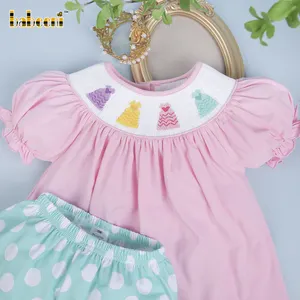 Cute girl 2 piece short set with embroidered pattern on smock - BB1680