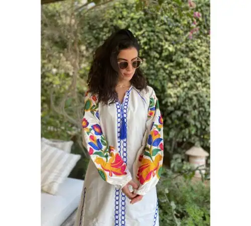 2021 New Summer Collection Hand Made Embroidery Work Long Sleeve With Matching Tassel Kaftan Maxi Dress