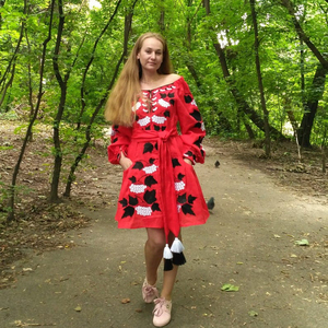 ชุดเดรสสั้นปักลายยูเครนแบบดั้งเดิมสินค้า2022คอตตอนไม่มีสาย100% สีแดง - Product Image 6