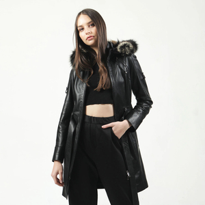 Veste longue en cuir de qualité supérieure pour femme 100% Capuche en cuir intérieure avec fourrure Respirant - Product Image 4