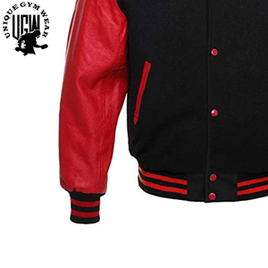 Custom White Wool <b>Varsity</b> <b>Jackets</b> Stand Collar Genuine <b>Black</b> Cow Leather Sleeves Coated Processing - Product Image 3