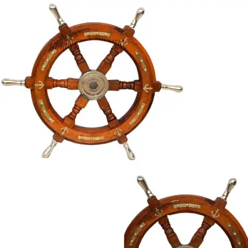 Roda Kapal Kayu Premium Kapten Bahari Mewah, Kapal 18 "dengan Cincin Kuningan Desain Jangkar Cokelat Pegangan Kuningan Klasik