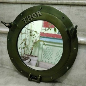 Antique Miroir de salle de bain en alun nautique de 11 pouces vert poli simple face grossissant Tenture murale Hublot Fenêtres en verre - Product Image 6