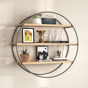 Wall Shelf Style Living Room Wall <b>Hanging</b> Iron Shelf Solid Wood <b>Shelves</b> Partition Wall Round Floating Display Stand Bookcase - Product Image 1