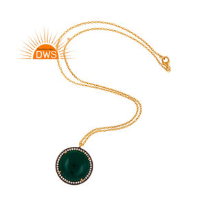 Round <b>Green</b> Onyx Gemstone Zircon Set Pendant <b>Necklace</b> 925 Silver Gold Plated Designer Women's <b>Necklace</b> Jewelry Supplier - Product Image 1
