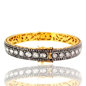 14K Yellow Gold Rose Cut Diamond Indian Bridal Jewelry Bangle 925 Sterling Silver Natural Pave Diamond Fine Jewelry Manufacturer