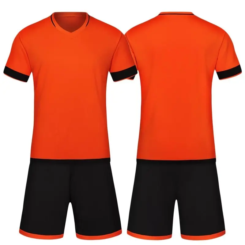 सस्ते फुटबॉल वर्दी अनुकूलित फुटबॉल किट नारंगी फुटबॉल जर्सी लघु आस्तीन शर्ट और काले लघु पूर्ण फुटबॉल वर्दी