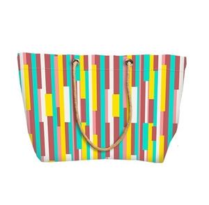 Bolso de playa de lona de algodón de alta calidad, bolsa de compras con logotipo personalizado, rayas verdes y púrpuras, venta al por mayor - Product Image 1