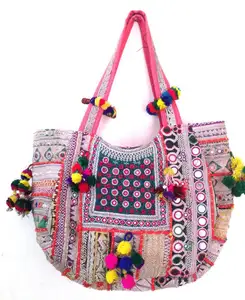 Banjara-Bolso bordado a mano para mujer, bolsa de mano de estilo Vintage, de algodón, con borlas