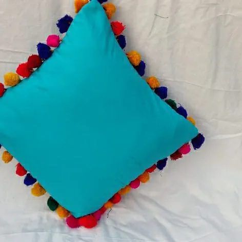 sky blue color cotton pompom pillow cover