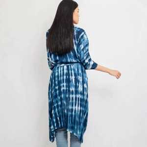 Nouveau été cravate teinture bleu Floral Kimono pour les femmes genou longueur plage couverture naturel taille tissé conception écologique - Product Image 5