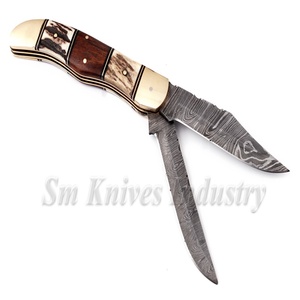 Xyj couteau pliant utilitaire fait main à Double lame, de damas, antter, espaceur et manche en bois, lame épaisse de 2-3mm (Smk1350) - Product Image 2