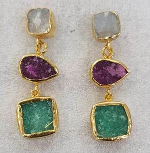 Pendientes de GEMA de Aventurina color blanco, arcoíris, rosa, rubí y verde, aretes colgantes chapados en oro, joyería para regalos - Product Image 1