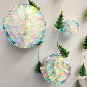 Iridescent Round Hanging Decorations With Green Tree Accents Christmas Wall Decor Plastic Ornament Set - Product Image 1