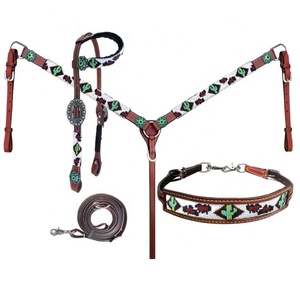 Diadema de piel de vaca 100% con cuentas, conjunto de 4 piezas con cuello de pecho - Product Image 1