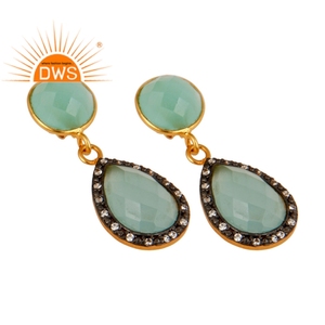 Boucles d'oreilles pendantes en argent sterling 925 plaqué or 18 carats avec zircon cubique et chalcédoine aqua en forme de poire pour mariage et soirée - Vente en gros - Product Image 2