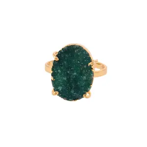 Cute minimalist natural green sugar druzy open adjustable ring oval shape gold electroplated prong setting statement ring jewels