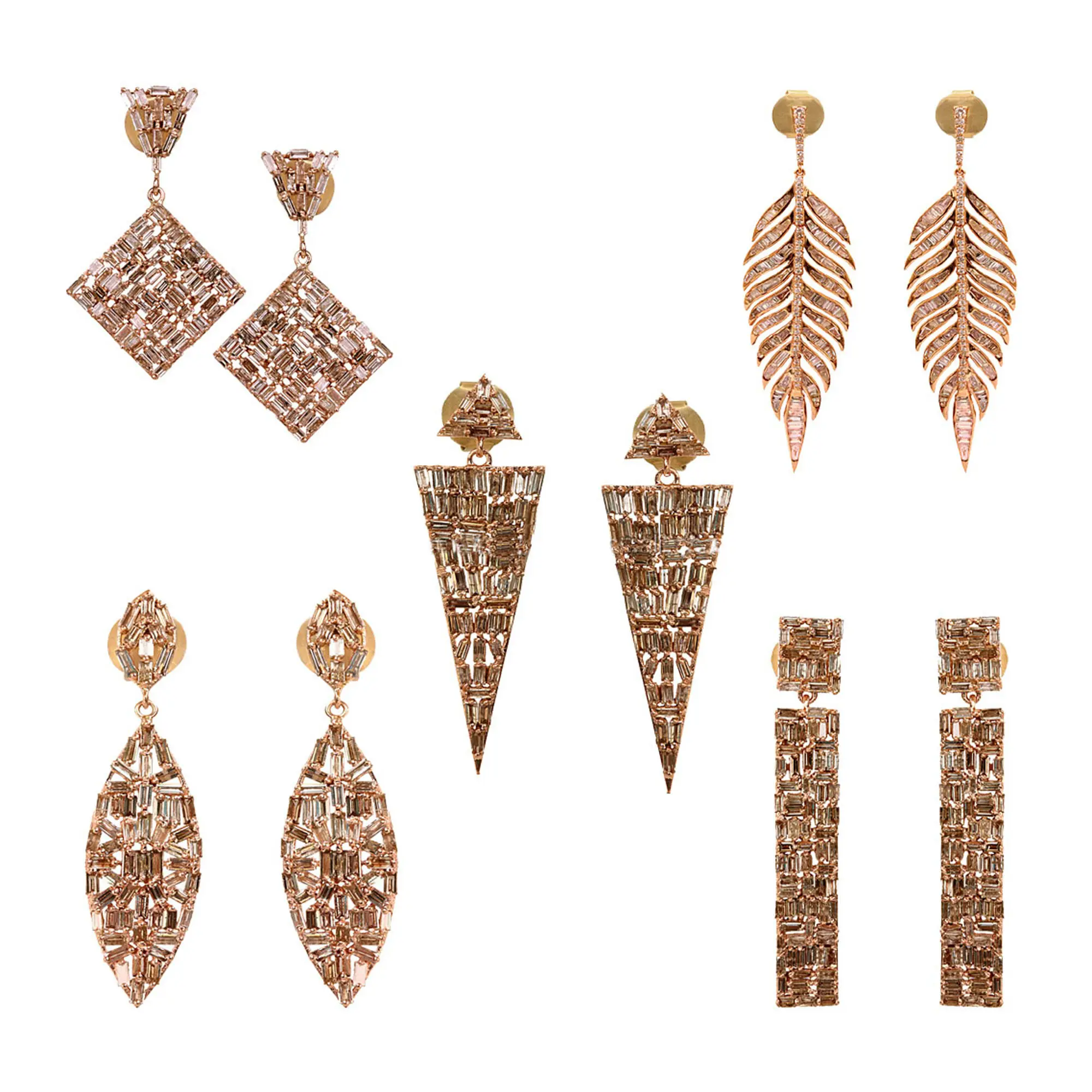 14K Padat Rose Gold Baguette Alami Potongan Berlian Menjuntai Anting Buatan Tangan Rose Gold Berlian Anting Perhiasan Produsen