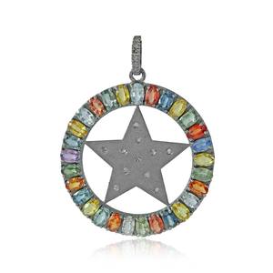 ออกซิไดซ์925เงินธรรมชาติหลายไพลินรูปไข่เพชรพลอยดาวรอบจี้เครื่องประดับ Unisex ขายส่ง - Product Image 1