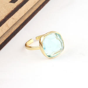 Anillo de cuarzo azul estilo bohemio Unisex, joyería de boda de oro Vermeil de calidad personalizada, forma de cojín facetado, tamaño ajustable - Product Image 5