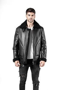 Abrigo de piel de oveja negro de grado Merino con cuello esponjoso para hombre con diseño transpirable relleno de algodón - Product Image 3