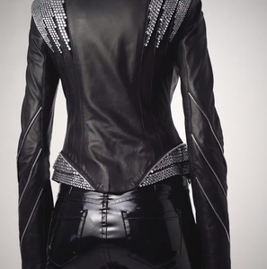 Veste de soirée en cuir de mouton pour femme, blouson d'hiver avec fermeture éclair, de couleur noire, nouvelle collection 2021 - Product Image 5