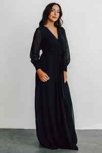 Robe maxi à manches longues pour vacances d'été pour femmes noir tissé uni avec taille naturelle lavable robe de grande taille teinte unie - Product Image 4