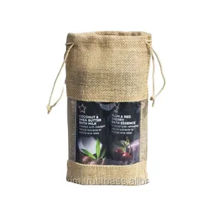 Jute Wine Drawstring Bags With PVC Window And Burlap Wine Drawstring Gift Bags Wholesale Manufacturer