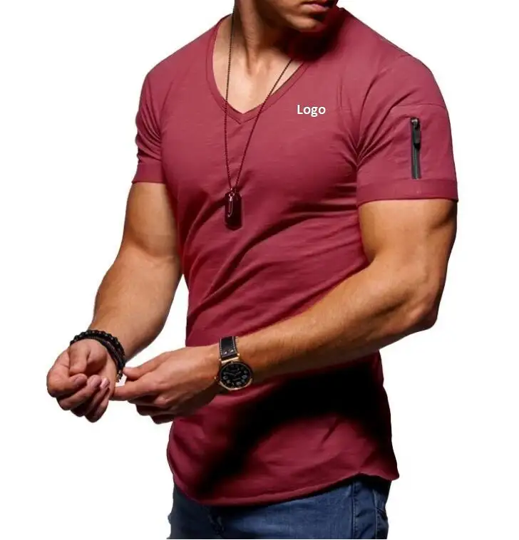 Fashion V-neck Slim Bottoming Shirt Cotton Casual T-Shirt Men's Gym Short Sleeve Sweatshirt Printing Customized Polo T Shirt