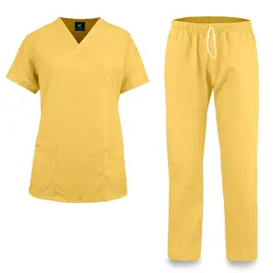 Yeni sarı renk doktor üniformaları tıbbi hemşirelik Scrubs kliniği fırçalama setleri kısa kollu üstleri + pantolon üniforma