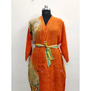 빈티지 여자의 자 켓 비치 착용 실크 사리 기모노 잠옷 실크 가운 인도 긴 맥시 가운 목욕 가운 신부 들러리 드레스 CK-62